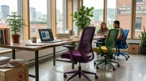 A detailed graphic of a purple adjustable task chair in a stylish Montreal design studio setting.