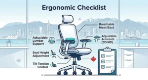 Illustration highlighting adjustable lumbar support and armrests on office chairs between 150 to 300 CAD.