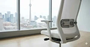 A detailed graphic showing the lumbar support features of premium white office chairs for Canadian remote workers.