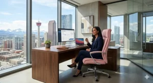 Executive-style pink leather office chair suitable for a modern corporate office in downtown Calgary.