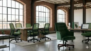 A chic forest green swivel chair in a Montreal-style loft workspace with exposed brick and industrial lighting.