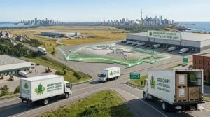 An illustration showing green office chairs being delivered across a map of Canada, highlighting nationwide shipping from Halifax to Victoria.