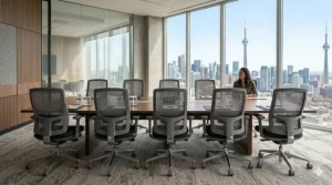 A row of professional grey executive office chairs in a modern corporate boardroom setting in Canada.