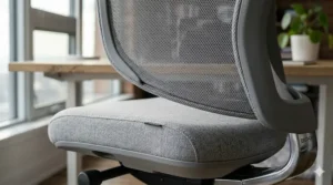 Close-up view of the durable, breathable grey fabric used on premium Canadian-designed office chairs.