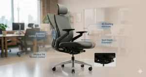 A photorealistic 3D floor plan (4K) of a large-scale Canadian call center. Rows of workstations are all equipped with identical 24 hour office chairs, illustrating multi-shift density."