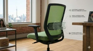 Close-up diagram of a lime green office chair highlighting lumbar support features for Canadian professionals working from home.