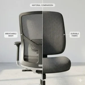 A highly detailed 4K photorealistic close-up split-comparison shot highlighting the different material properties of a technical mesh backrest with complex integrated lumbar support (left) and a cushioned, durable fabric seat with textured upholstery (right), showing specific components and adjustments for commercial seating price comparison.
