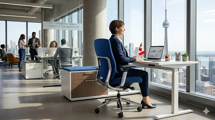 A professional ergonomic blue office chair in a sunlit Toronto corporate office overlooking the city skyline.