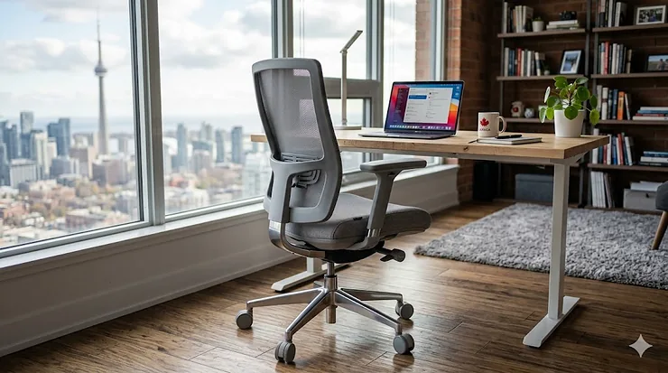 A sleek, ergonomic grey office chair positioned in a bright Canadian home office with a view of a city skyline.