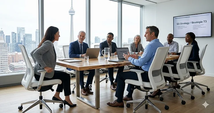 A bright, professional Toronto skyscraper office featuring ergonomic white office chairs around a maple wood boardroom table.