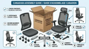 A high-detail, photorealistic diagram in natural daylight with dynamic cross-section graphics, showcasing the precise adjustable lumbar support mechanics including horizontal, vertical, and tension dials found on modern ergonomic office chairs 300 to 500 CAD in Canada.