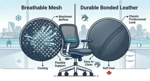 Illustrated comparison of breathable mesh and fabric options for office chairs in the 150 to 300 CAD price range.