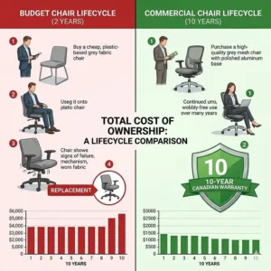 A clean 4K photorealistic graphic comparing the total cost of ownership (TCO) between an inexpensive office chair needing frequent replacement (left) and a high-quality, durable commercial chair with a Canadian-based warranty (right), highlighting the value of ergonomic investment and warranty lifecycle cost analysis.