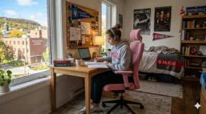 Bright pink swivel office chair in a university student dorm room, ideal for studying in Montreal or Ottawa.