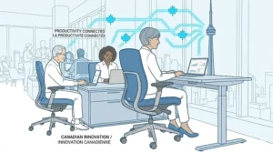 Illustration highlighting the posture benefits of using ergonomic blue office chairs during long Canadian winters working from home.
