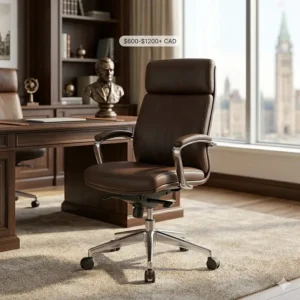 A luxurious, premium high-back executive office chair upholstered in rich dark brown leather with a sophisticated structure, situated in a high-end private corporate office in Ottawa, Ontario. Natural daylight filters through a window with blurred views of Parliament Hill.