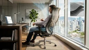 High-performance breathable mesh backrest on an ergonomic task chair, targeting luxury office chairs over 1000 CAD for professional spaces.