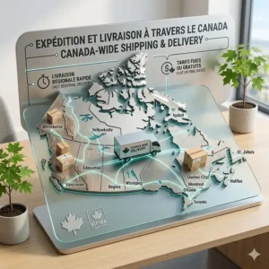 Shipping map illustration for ordering premium office chairs 500 to 1000 CAD with fast delivery options across Canada.