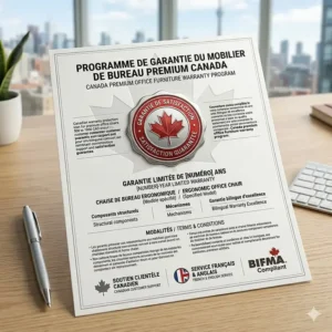 Canadian warranty protection icon for premium office chairs 500 to 1000 CAD ensuring bilingual customer support and multi-year coverage.