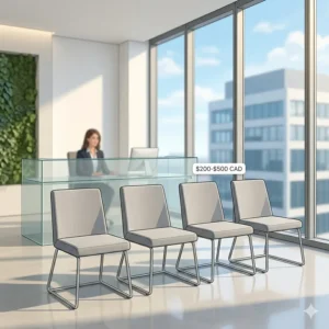 A stylish, modern corporate reception area or waiting room located in a commercial business center in Calgary, Alberta, featuring a minimalist reception desk and a tidy arrangement of attractive, photorealistic guest chairs with light grey upholstery and steel frames, suitable for corporate spaces and found in a Canadian price guide.