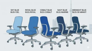 Comparison chart showing different shades of blue office chairs, from light cyan to deep navy, available for Canadian shipping.