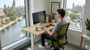 A compact olive green computer chair tucked into a small Ottawa apartment workstation, ideal for urban Canadian living.