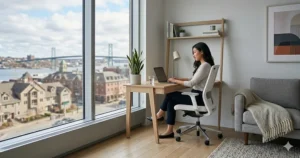 Space-saving white office chairs designed for compact condo living in urban centers like Halifax or Toronto.