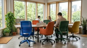 Illustration of eco-friendly colorful office chairs made from recycled materials, popular in Canadian green builds.