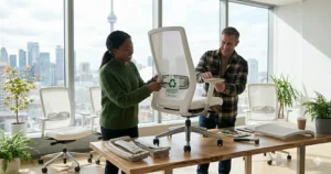 Illustration of eco-friendly white office chairs made from recycled materials, popular with environmentally conscious Canadians.