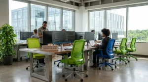 A row of sleek, lime green and cobalt blue swivel chairs in a high-tech Waterloo-based office.