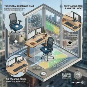 Isometric blueprint of a Canadian home office setup featuring premium office chairs 500 to 1000 CAD as the ergonomic centerpiece.
