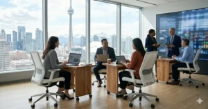 High-end corporate office in Calgary showcasing a suite of matching white office chairs in a collaborative zone.