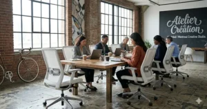 Trendy Montreal-style creative studio space with a row of adjustable white office chairs and industrial decor.