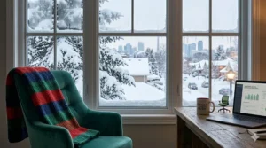 A cozy Canadian winter home office scene with a comfortable teal green task chair near a window overlooking snow.
