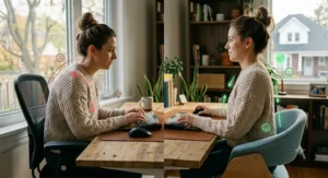 Side-by-side view showing improved posture and comfort while using an active sitting chair.