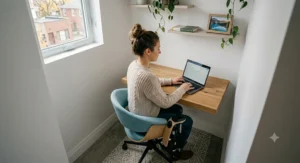 A compact active sitting chair perfectly suited for a small home office or apartment space.
