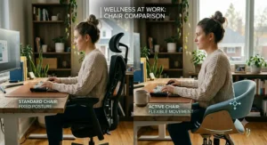 Comparison between a fixed standard office chair and an active sitting chair for wellness.