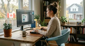 A professional working from home in Canada using an active chair to promote movement.