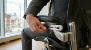 Close-up of 4D adjustable armrests on an ergonomic office chair for tall people.