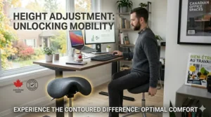 Adjustable height saddle stool for various desk workstations.