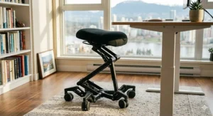 Adjustable height stool for sit-stand desk transitions.