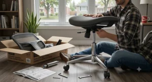 Simple step-by-step assembly overview for setting up a new drafting chair at home.