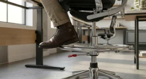 A tall drafting chair paired with an adjustable standing desk in a Canadian workspace.