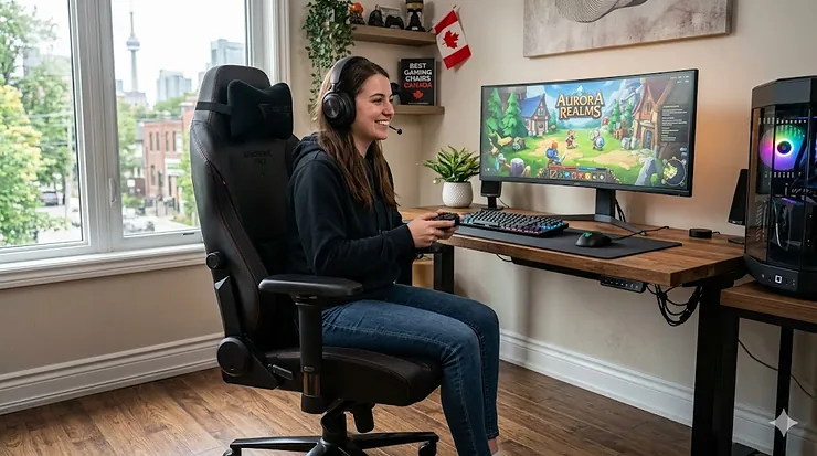 A woman uses an ergonomic gaming chair in a Toronto home office with the CN Tower visible through the window.