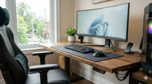 Minimalist desk setup featuring one of the best gaming chairs available in Canada.