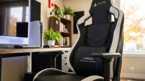 Breathable fabric gaming chair for long sessions. / Fauteuil de jeu en tissu respirant pour longues sessions.