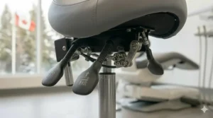 Compact saddle chair design allowing close access in a dental operatory.