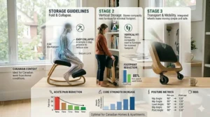 Illustration showing how to store a compact kneeling chair in a small home workspace.