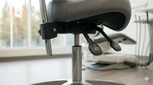 Ergonomic saddle chair with an adjustable backrest for lumbar support.
