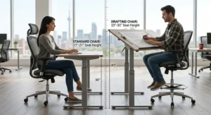 Side-by-side comparison illustration showing the height difference between a standard chair and a drafting chair.